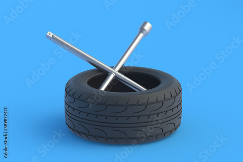Cross wheel wrench and tyre. Car service. Mounting car tires. Automotive tire fitting. 3d render