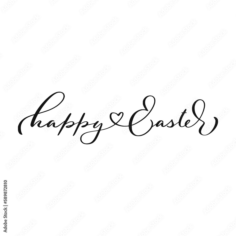 Happy Easter hand lettering, black ink elegant brush script calligraphy isolated on white background.	