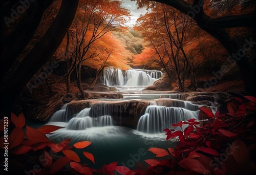 Beautiful Huay Mae Kamin waterfall amidst colorful autumn forest in Kanchanaburi  Thailand. Generative AI