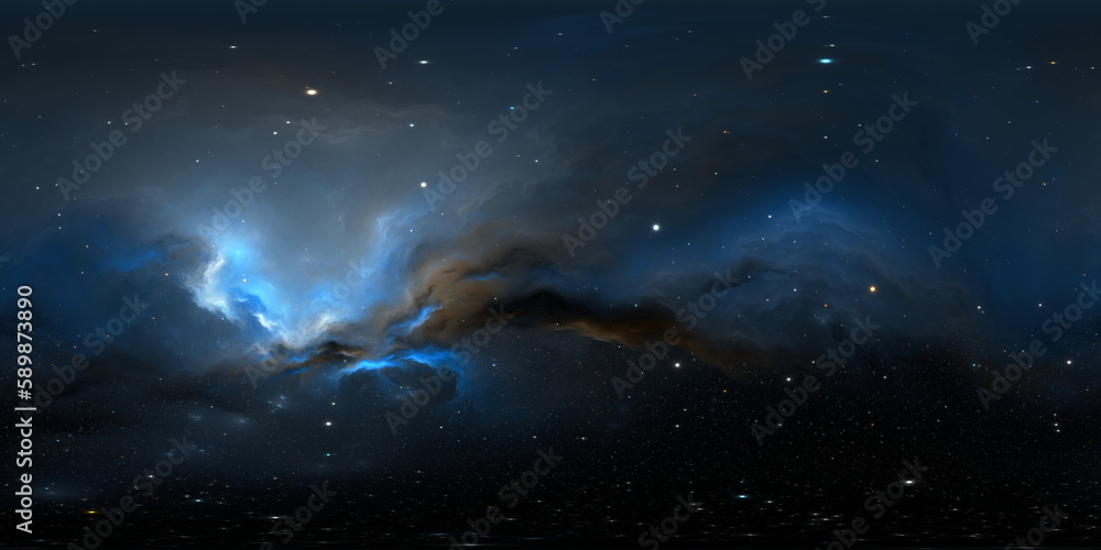 360 degree stellar system and gas nebula. Panorama, environment 360 HDRI map. Equirectangular projection, spherical panorama. Virtual reality background.
