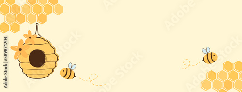 Beehive honey sign, bee house and cute flower on yellow background vector illustration.