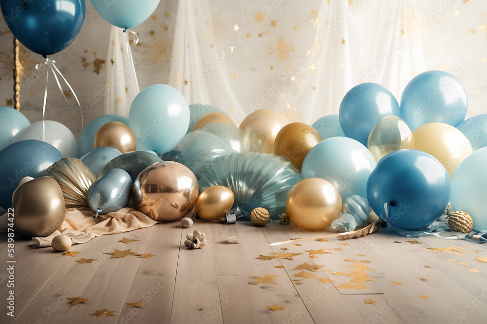 Blue and gold balloons Digital Backdrops, Cake Smash Digital Backdrop