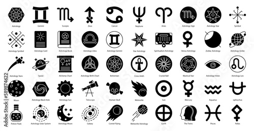 Astrology Glyph Icons Astronomy Aries Aquarius Icon Set in Glyph Style 50 Vector Icons in Black