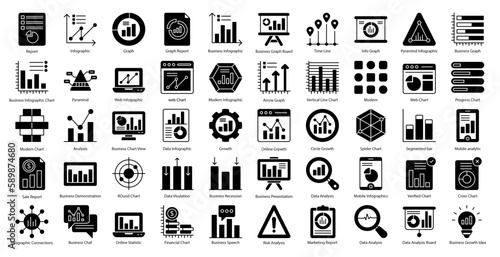 Infographics Glyph Icons Infographic Graphic Chart Icon Set in Glyph Style 50 Vector Icons in Black