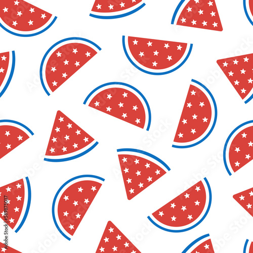 4th of July seamless pattern. USA Independence Day theme. Watermelon slices in colors of the American national flag. Vector illustration on white background.