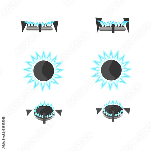 On a white background are six lit gas burners.