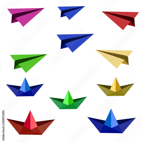 multi-colored paper airplanes and boats.