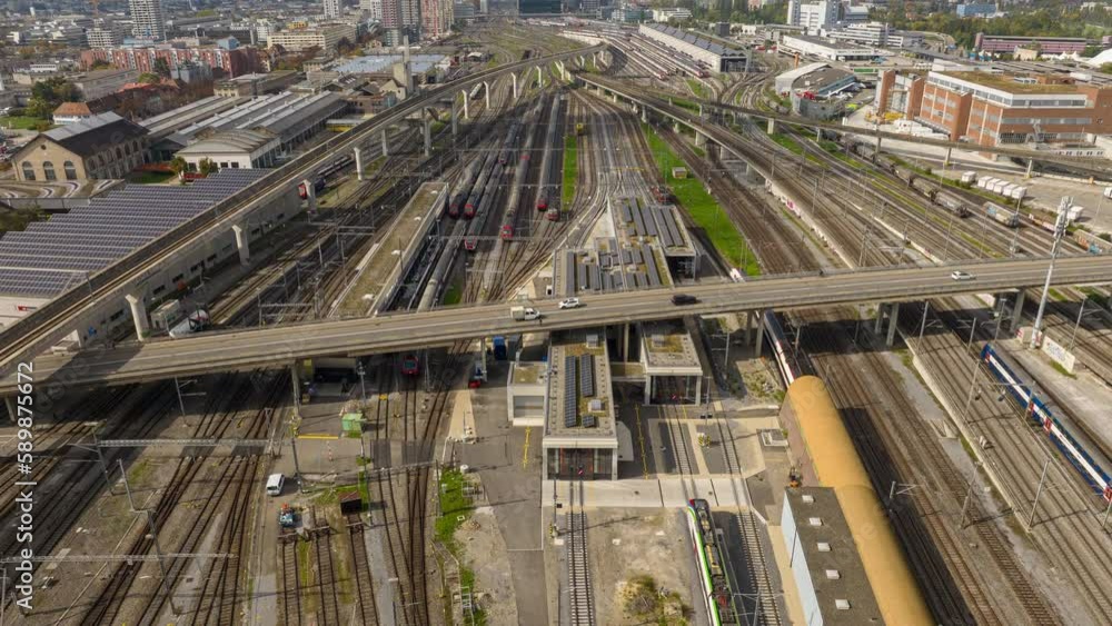sunny day zurich city train station railways traffic aerial panorama 4k timelapse switzerland sunny day zurich city train station railways traffic aerial panorama 4k timelapse switzerland