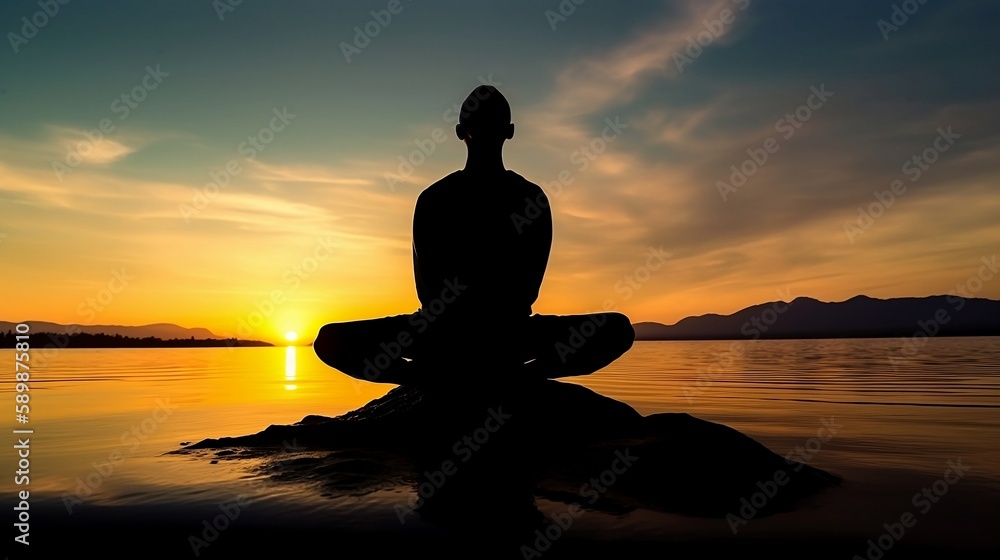 Lotus Pose at Sunset: Silhouette of a Meditating Man - Generative ai