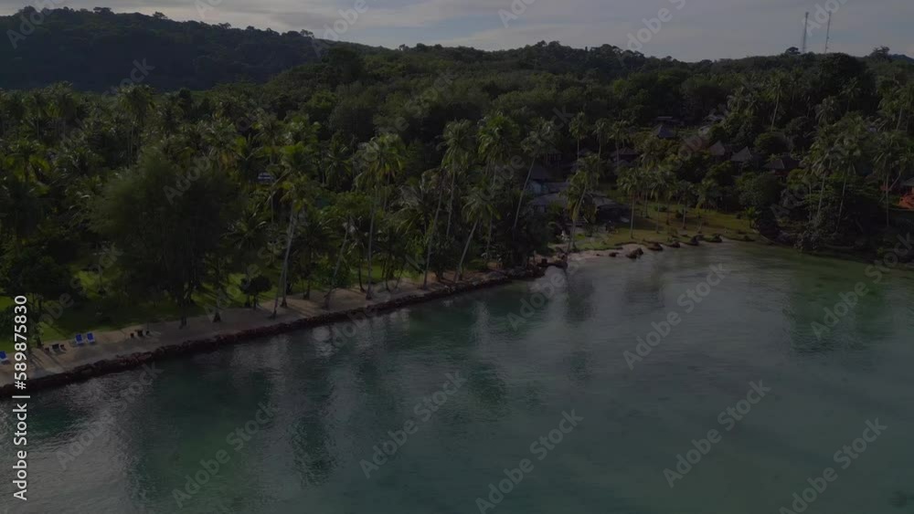 Sun light reflections on the sea palm trees beach. Nice aerial view flight drone