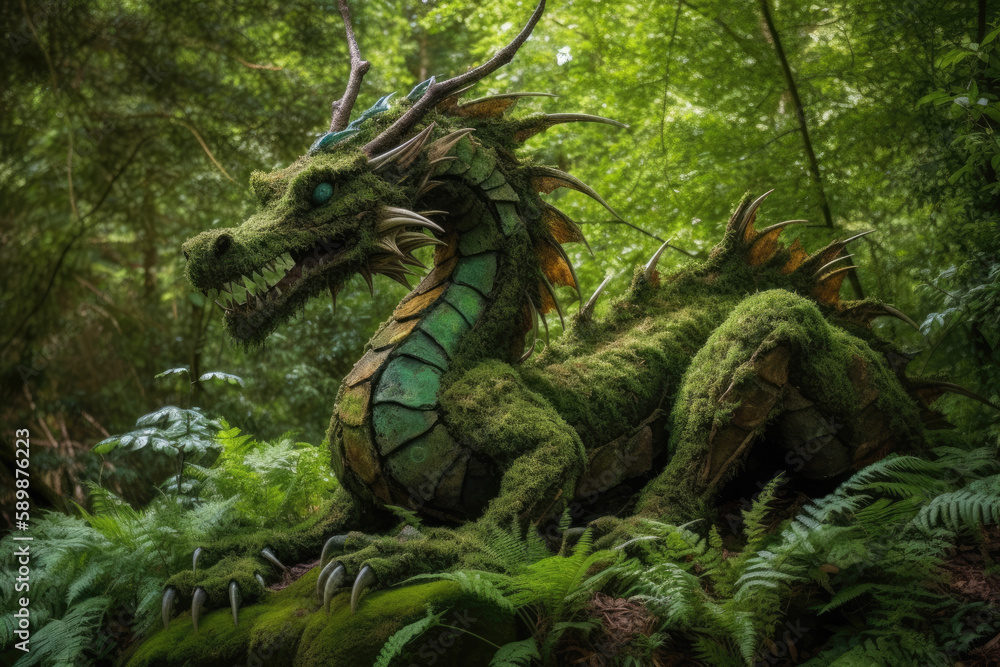 Ancient forest dragon covered with green plants Ancient forest dragon covered with green plants