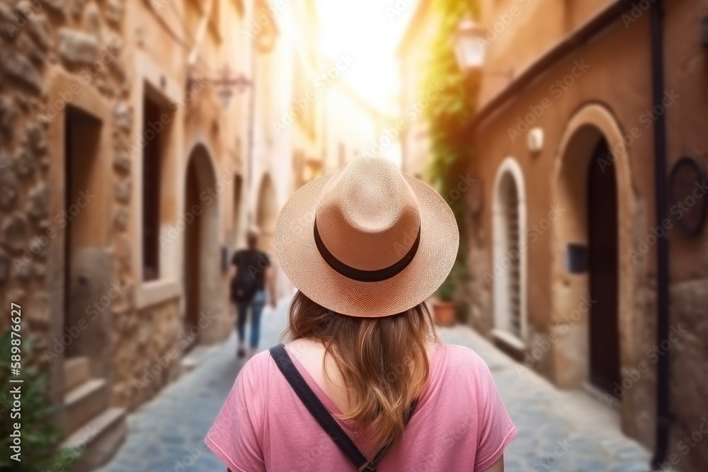 Travel concept, beautiful tourist woman from back view walking in old town during vacation, cheerful student girl traveling abroad in summer - Generative AI
