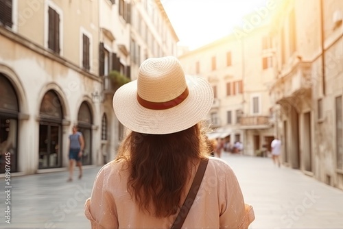 Travel concept, beautiful tourist woman from back view walking in old town during vacation, cheerful student girl traveling abroad in summer - Generative AI