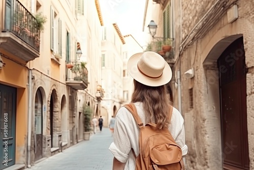 Travel concept, beautiful tourist woman from back view walking in old town during vacation, cheerful student girl traveling abroad in summer - Generative AI