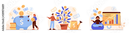 Passive income set. Men and women investors save money, water money tree and receive dividends. Budget planning and financial freedom. Cartoon flat vector illustrations isolated on white background