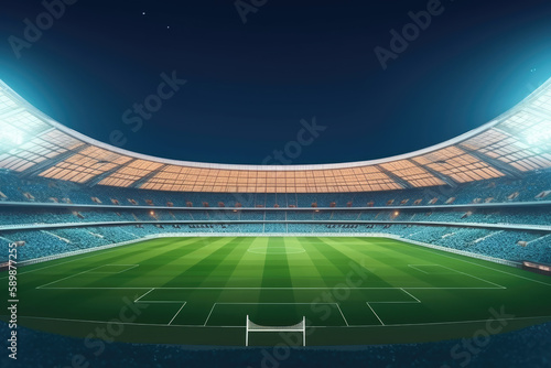 Grand stadium full of spectators expecting an evening match on the green grass field. Sport building 3D professional background illustration