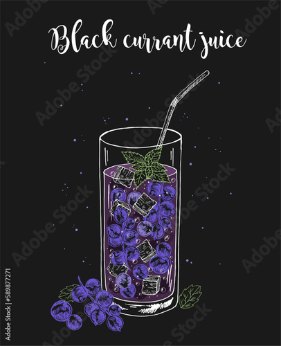 Vector sketch illustration for purple fresh black currant berry juice, glass filled with berries still life composition fresh juice isolated on black background. Vector illustration