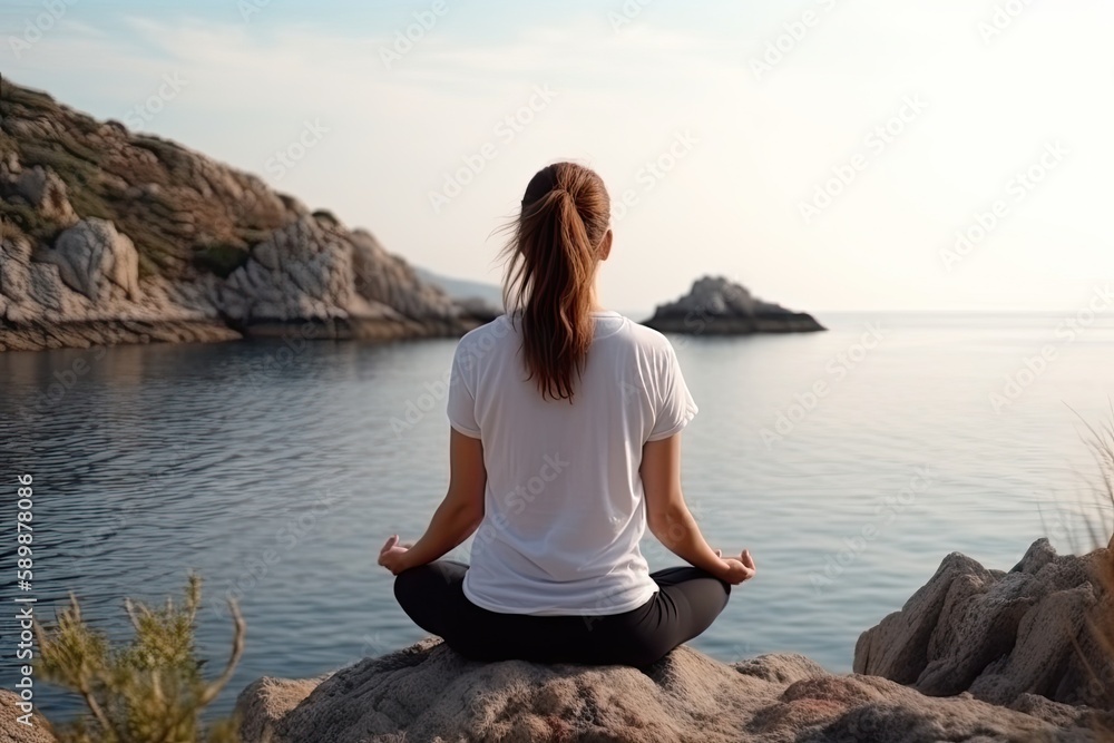 Young woman from back view practicing yoga by the sea. Beautiful view to the sea - Harmony, meditation, healthy lifestyle - Generative AI 