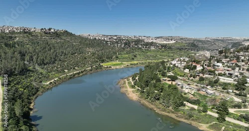 Aerial footage of the beautiful Beit Zayit water reservoir near Jerusalem. Filmed in C4K Apple ProRes 422 HQ photo