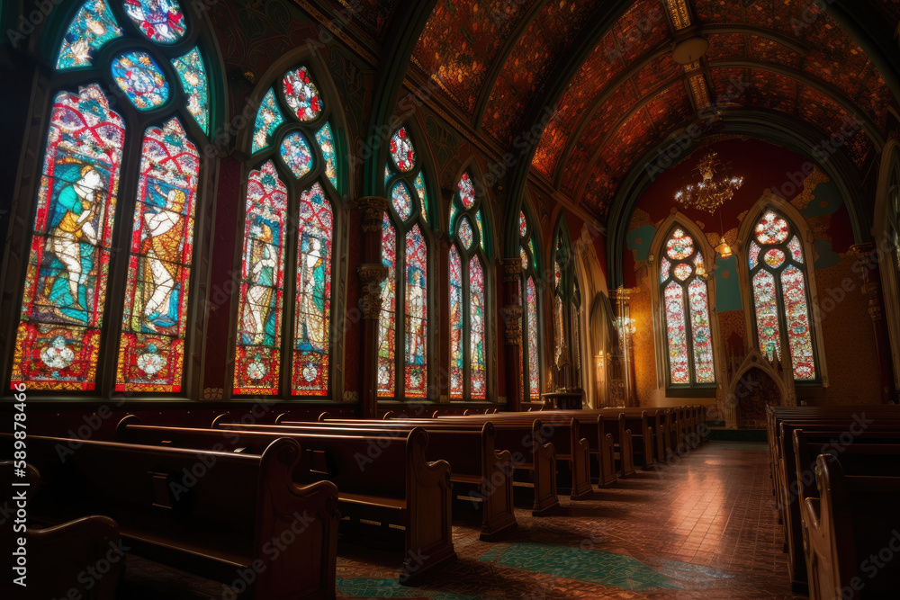 Fototapeta premium Church with a colorful stained-glass window created with AI