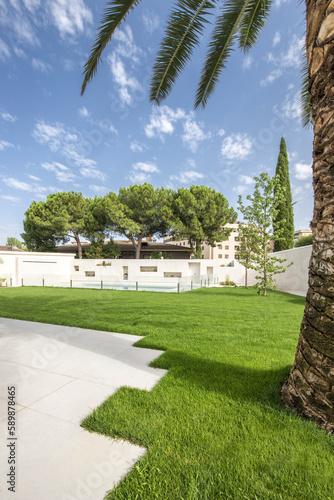 a garden with a lot of grass, white marble, trees and palm trees a good clear day © Toyakisfoto.photos