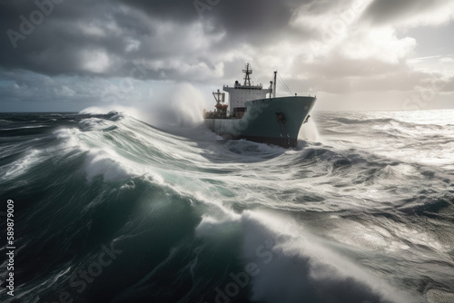 Cargo ship navigating through a stormy sea created with AI