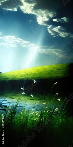 Serene Landscape: Blue Skies, Green Grass, and a Tranquil Pond © Arnolt