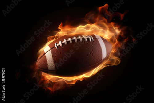 Flying american football ball in burning flames close up on dark brown background. Classical sport equipment as conceptual 3D illustration