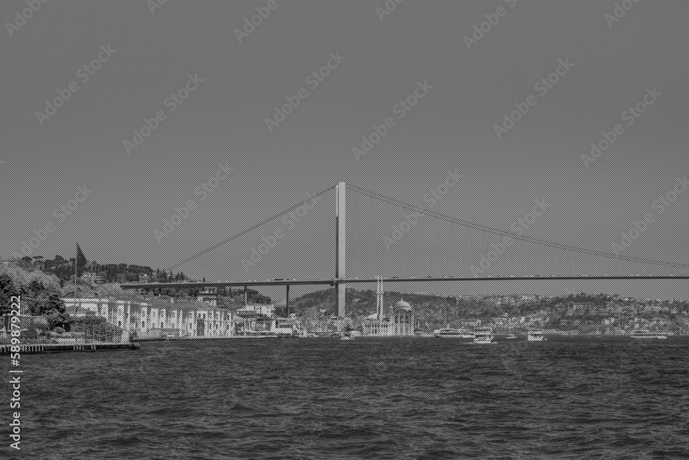 Old vintage type (retro) black and white photo of Ortakoy mosque , istanbul