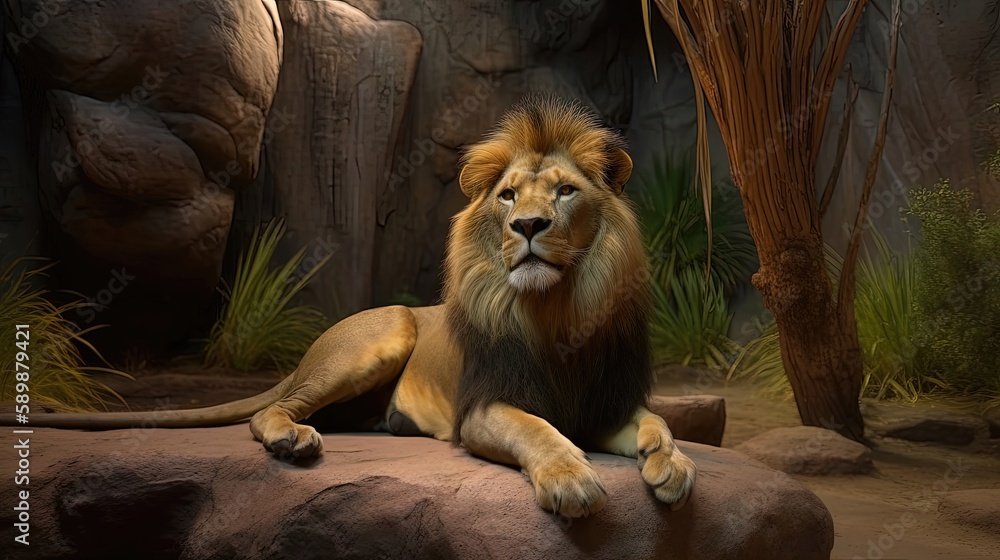 Naklejka premium African lion exhibit that transports you to the heart of the savannah with breathtaking 8K visuals and realistic rock formations. Generated by AI.
