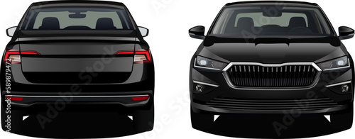 realistic vector black car isolated with gradients and transparency, front back view