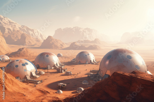 Fototapeta Colony of human settlers living in futuristic, domed habitats on the surface of