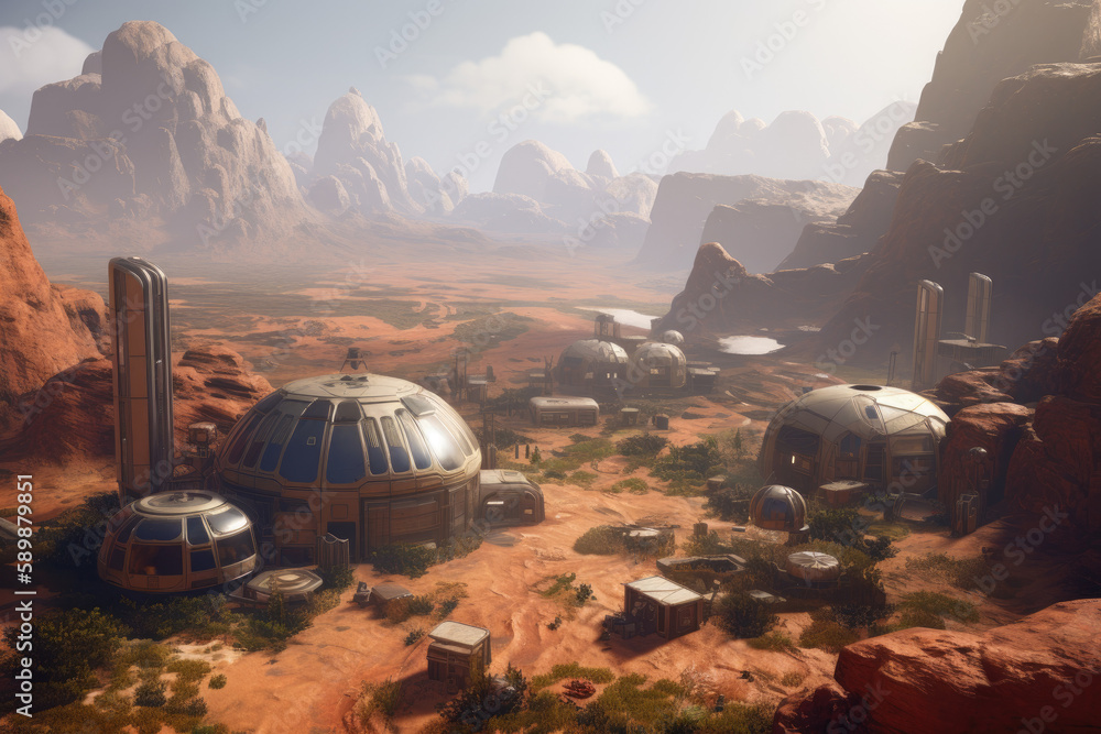 Colony of human settlers living in futuristic, domed habitats on the surface of Mars created with AI