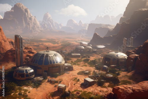 Fototapete Colony of human settlers living in futuristic, domed habitats on the surface of