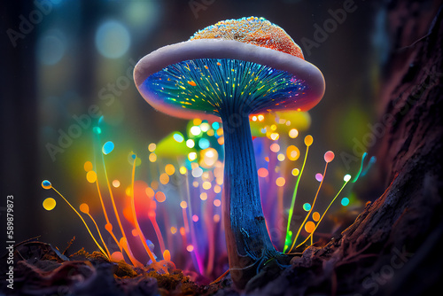 Glowing mushroom with mystical light organism, generative AI
