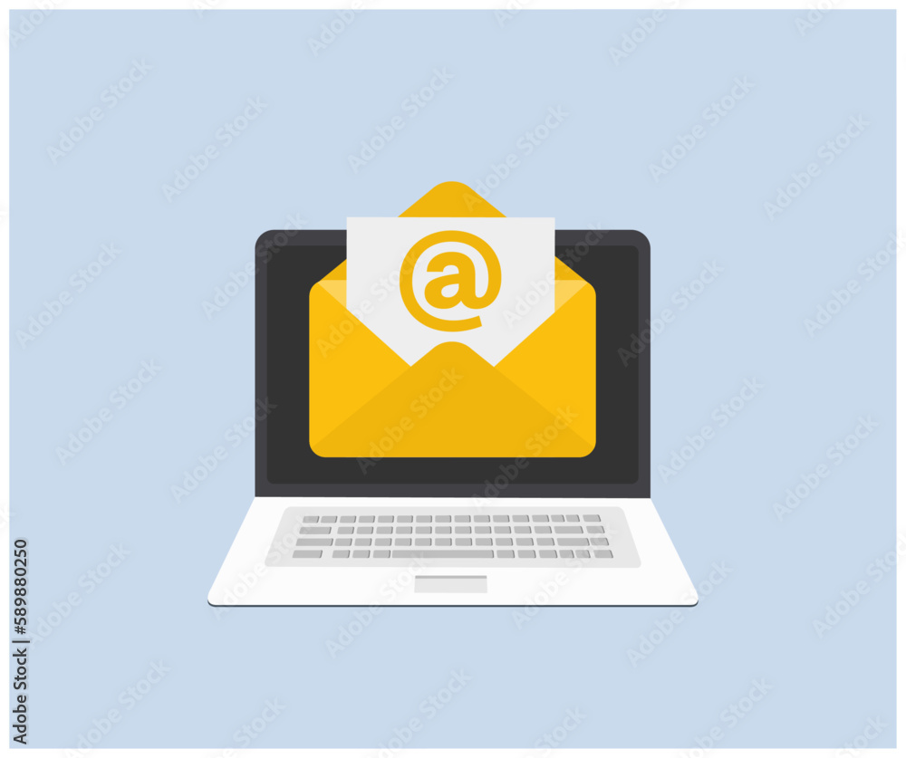 New message on the laptop screen. Email messages inbox notification. Envelope with new message. E-mail marketing, internet advertising vector design and illustration.
New message on the laptop screen. Email messages inbox notification. Envelope with new message. E-mail marketing, internet advertising vector design and illustration.