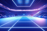 Blue tennis court and illuminated indoor arena with fans, upper side view, professional tennis sport 3d illustration background