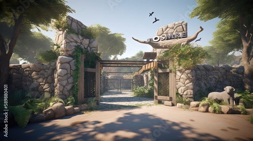 The safari-themed entrance to the zoo immerses visitors in a world of exploration and discovery. Generated by AI.