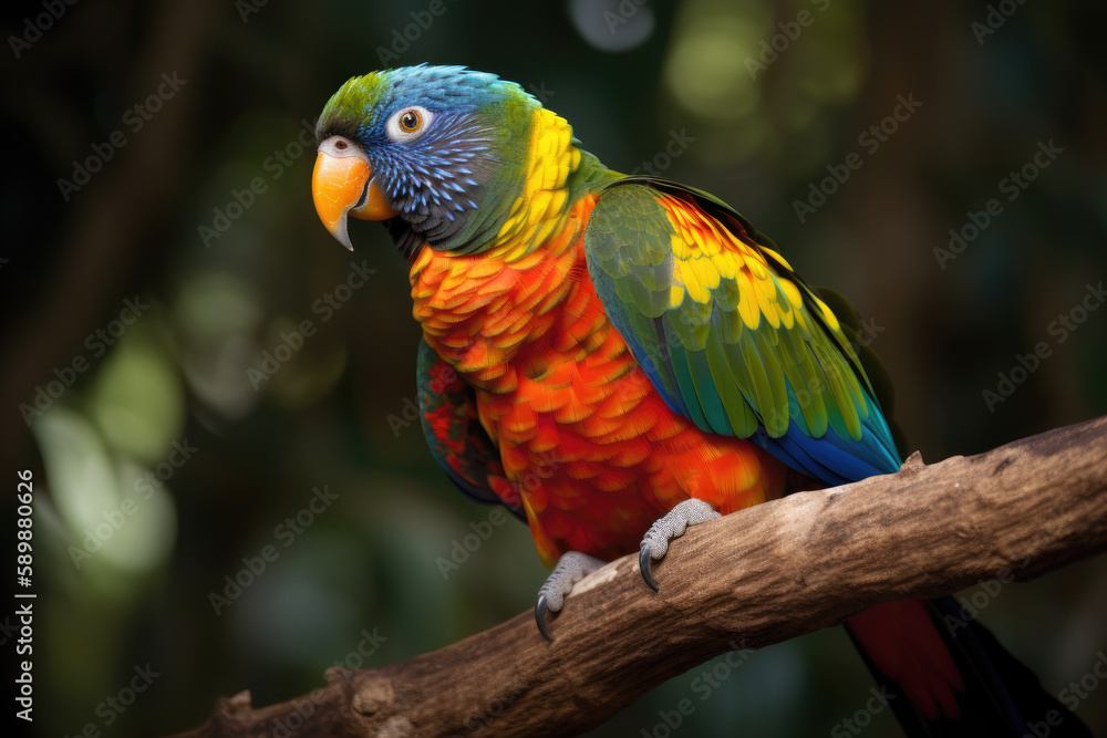 Fototapeta premium Colorful parrot on a tree branch created with AI