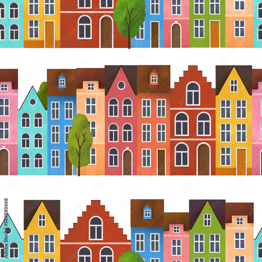 Colorful european houses seamless pattern. Streets with narrow houses. White background