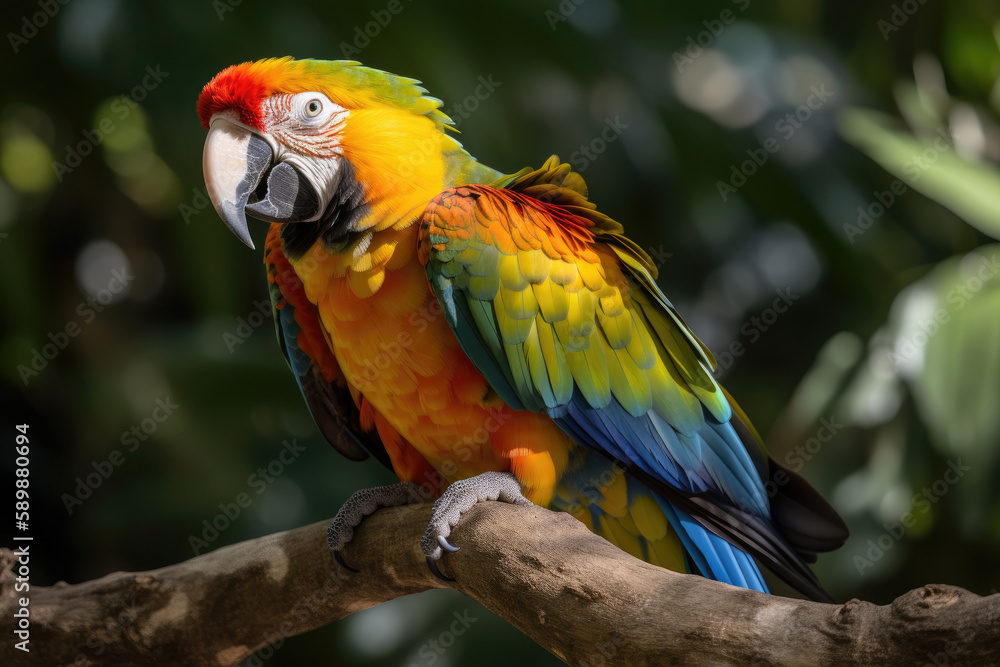 Colorful parrot on a tree branch created with AI
