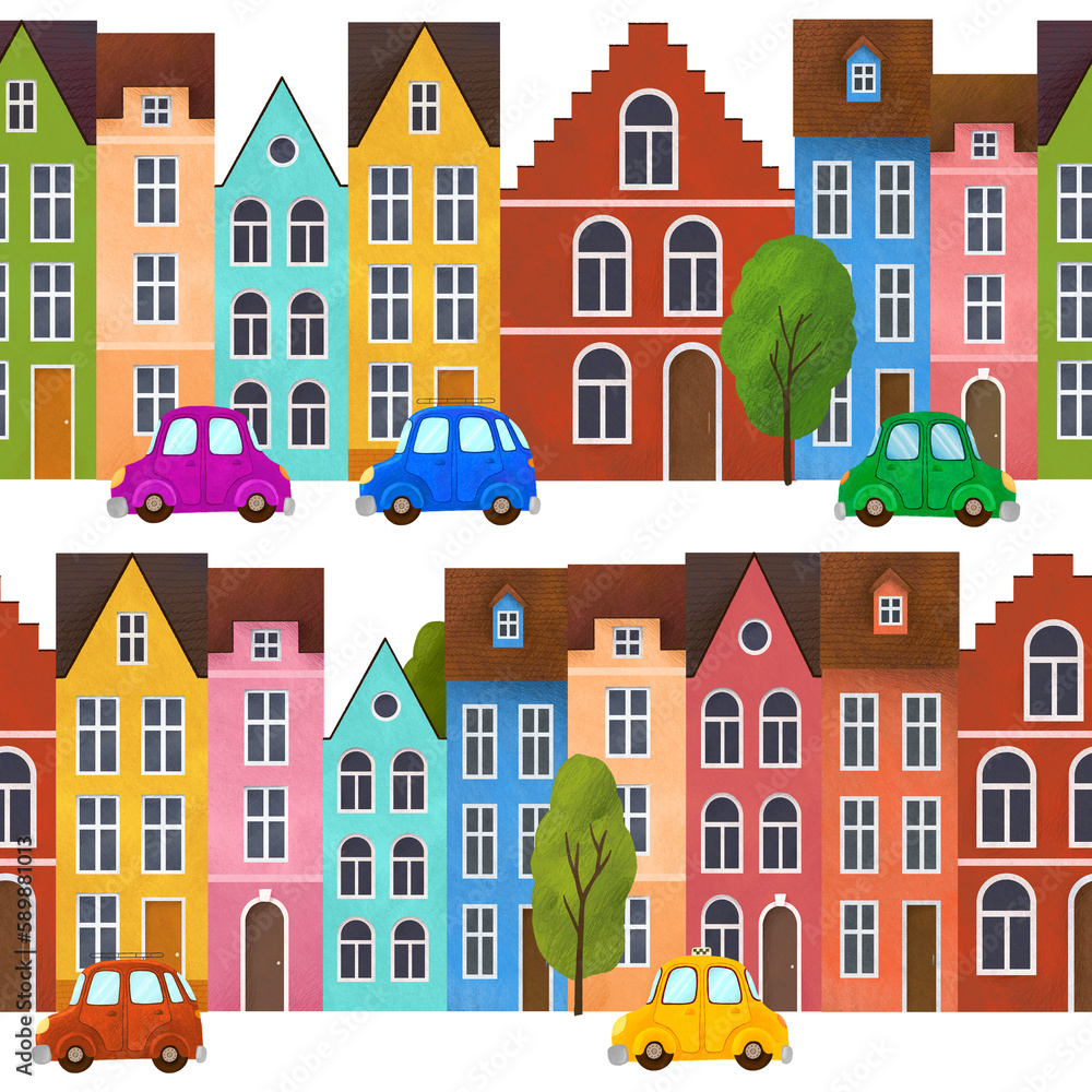 Colorful european houses seamless pattern. Streets with trees and cute retro cars. White background
