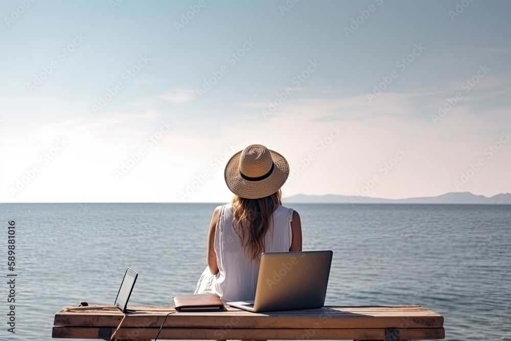 young woman view from back using laptop computer and is sitting and working by the sea, beautiful view to the ocean - Generative AI