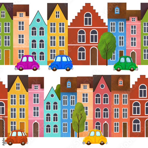Colorful european houses seamless pattern. Streets with trees and cute retro cars. White background © Alena Pershina