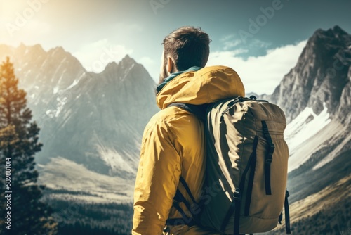 Adventurous Hiker Explores Majestic Mountains with Backpack