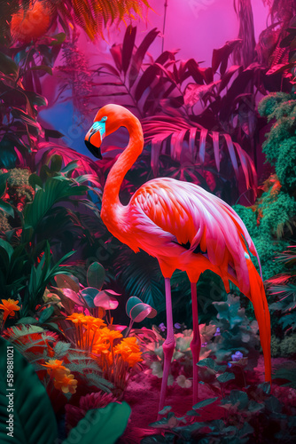 Tropical summer pink background with palm leaf, exotic animal concept. Flamingo, wild beautiful animal. Illustration, Generative AI.