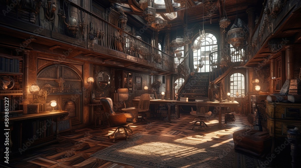Transport yourself to another time and place with this ultrarealistic 8k Steampunk library, where vintage accessories and intricate designs bring a world of imagination to life. Generated by AI.
