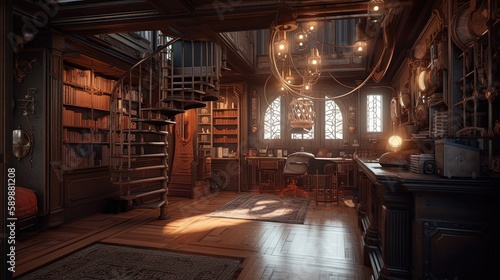 A Steampunk-inspired home library is a celebration of innovation and imagination. Generated by AI.