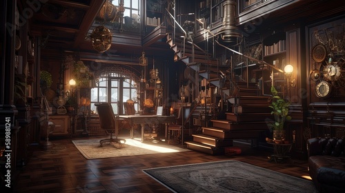 Step into a world of wonder and creativity with a Steampunk home library  where vintage and industrial aesthetics blend seamlessly. Generated by AI.