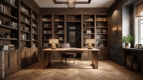 This elegant and refined traditional study is highlighted by its stunning built-in bookshelves. Generated by AI.